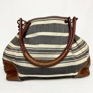 Mitzi Baker EUC Striped Canvas & Leather Shoulder Bag Cream, Navy, Sienna